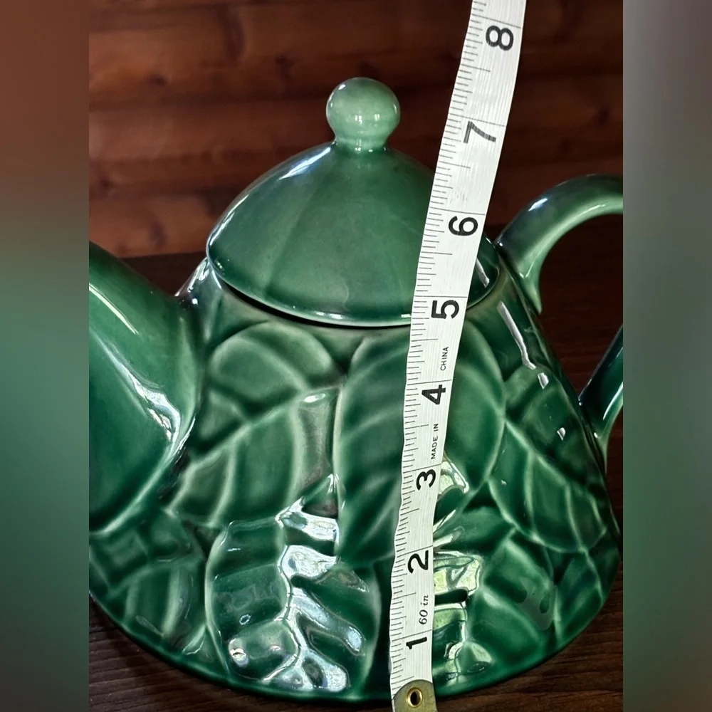 Vintage Pier-1 Imports Teapot Jade Leaves Green Stoneware Pier One Collection 7
